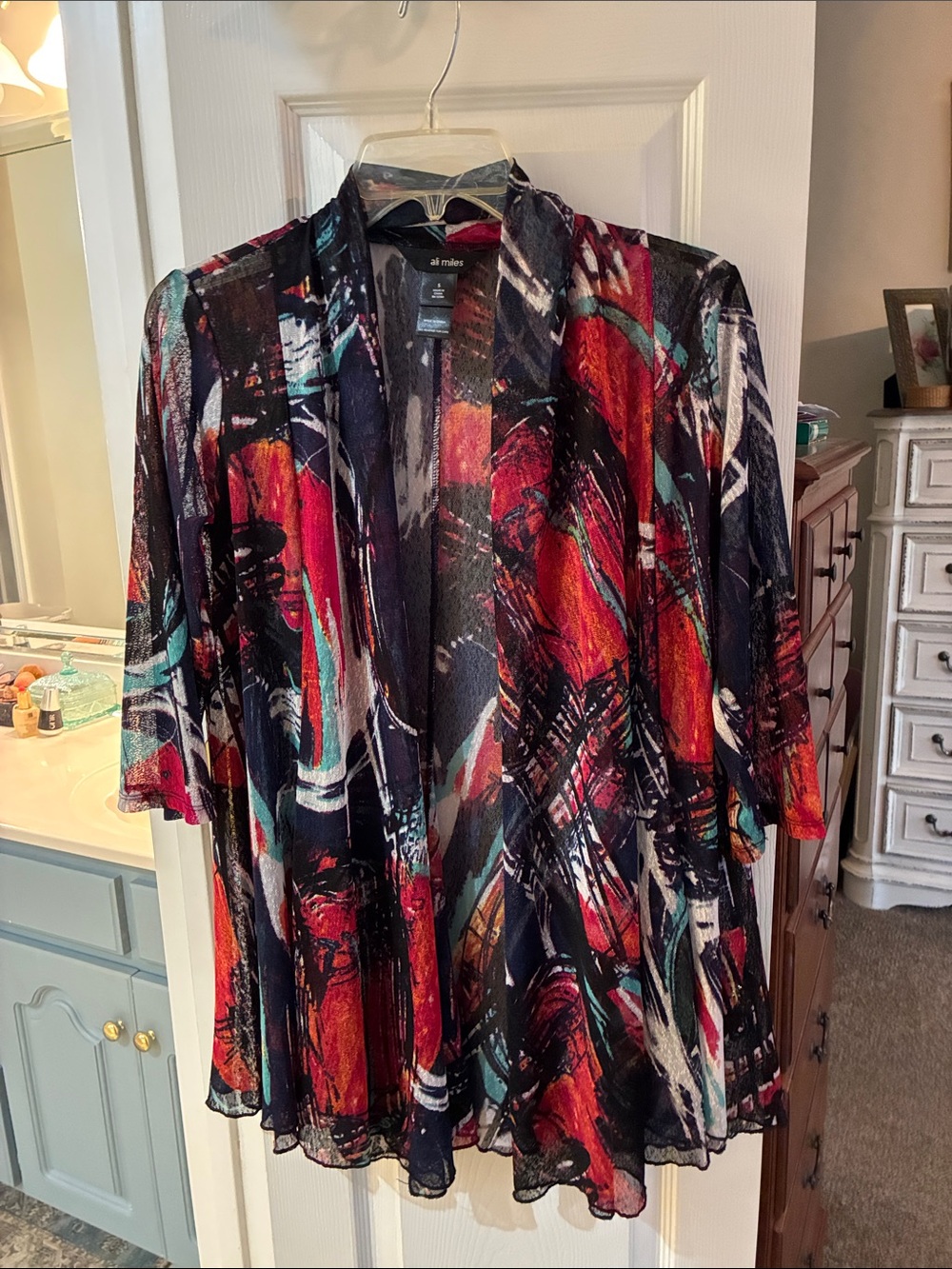 Ali Miles Abstract Paintbrush Stroke Print Open -Front Mesh Cardigan SZ S